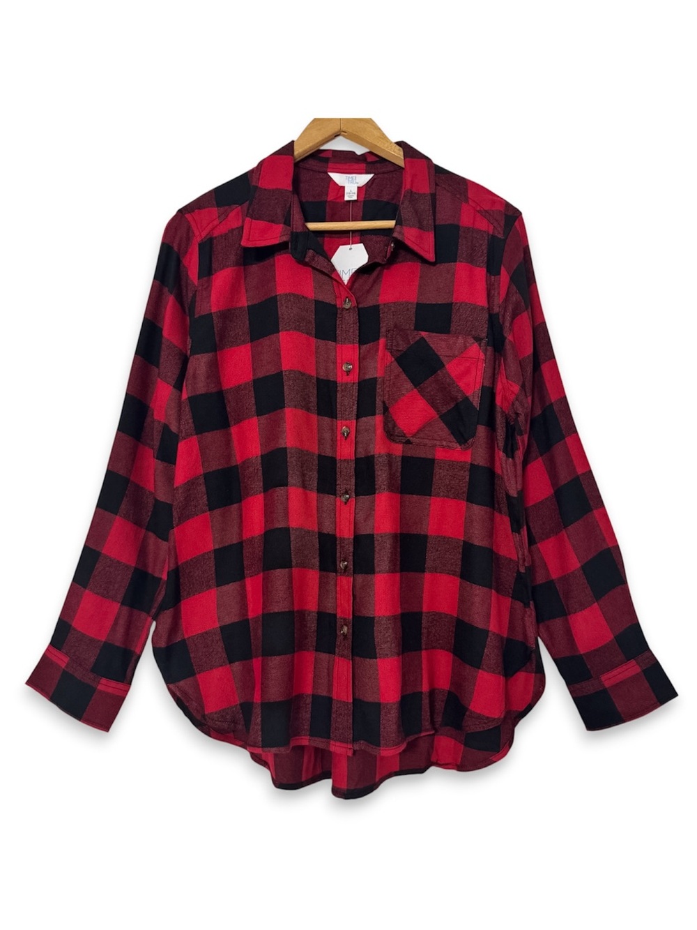 Time and Tru Buffalo Plaid Flannel Button Down Shirt Red Black NWT